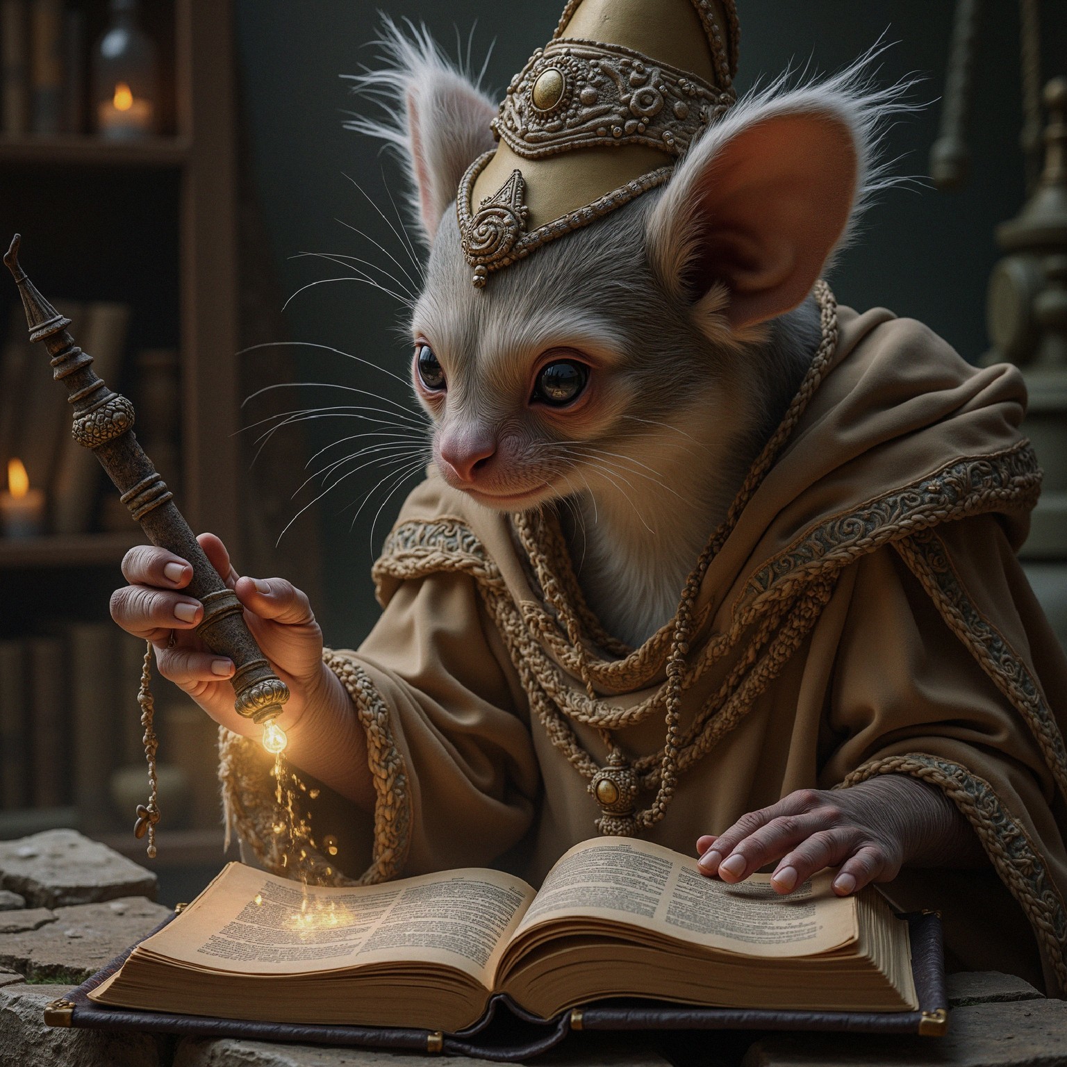 Whimsical Creature in Dim Library with Glowing Wand