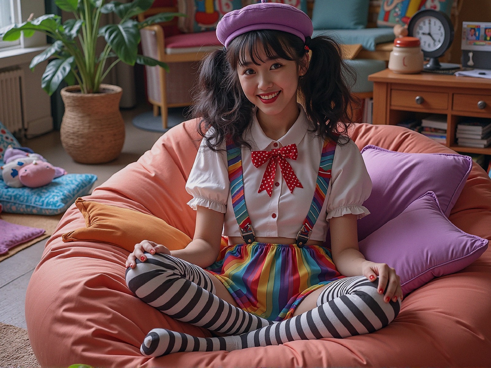Cheerful Young Woman on Colorful Bean Bag in Whimsical Room