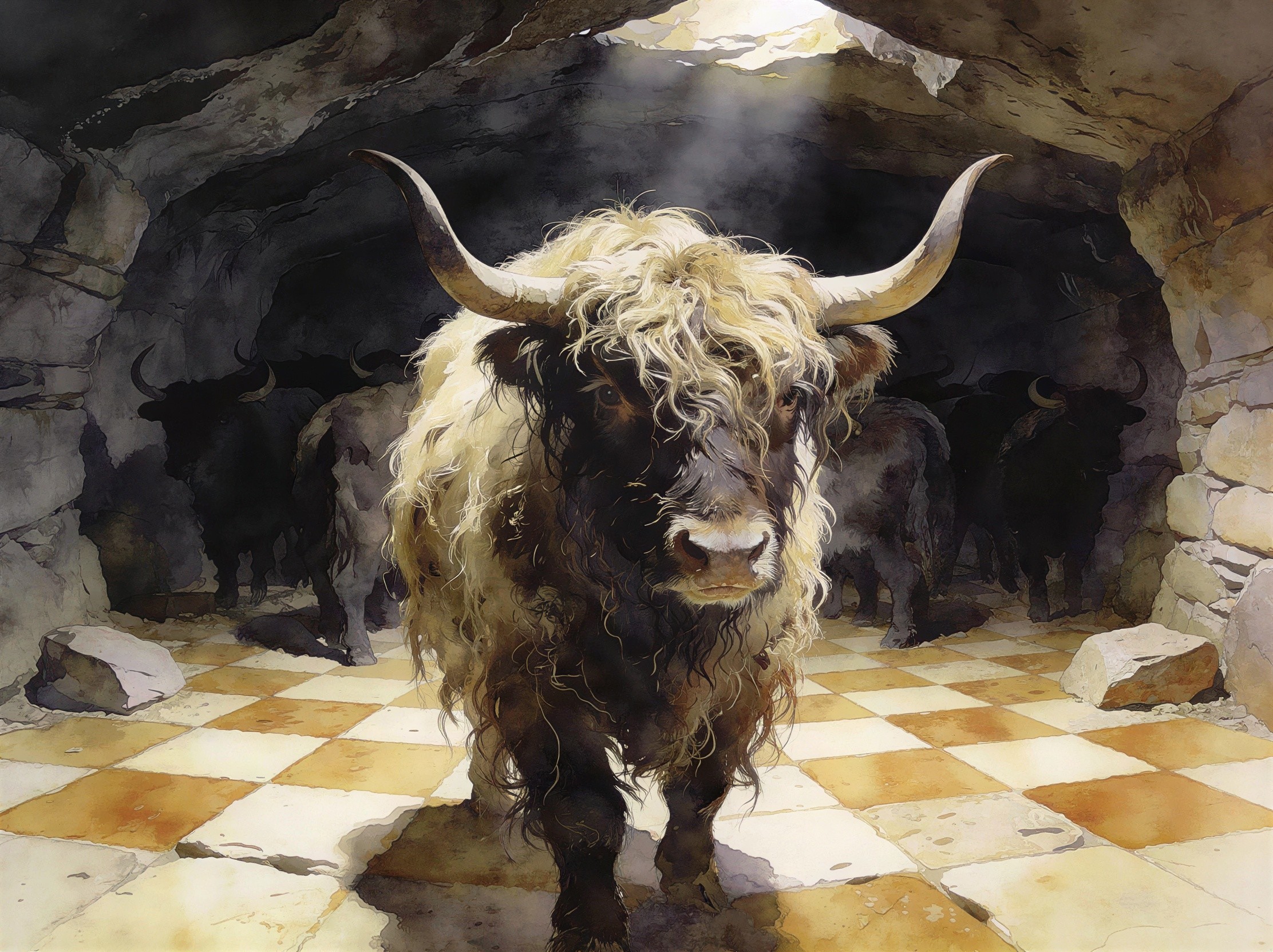 Watercolor Painting of Highland Cattle in Cave Setting