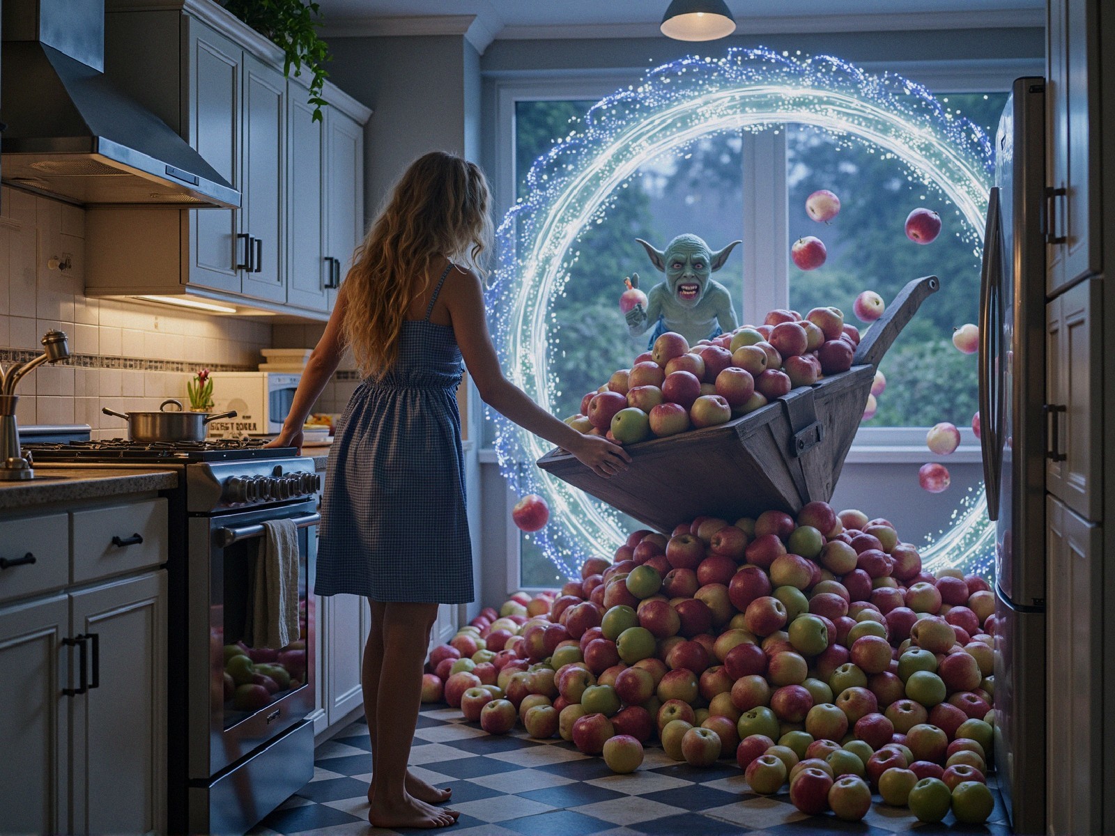 Whimsical kitchen scene with apples and a playful creature