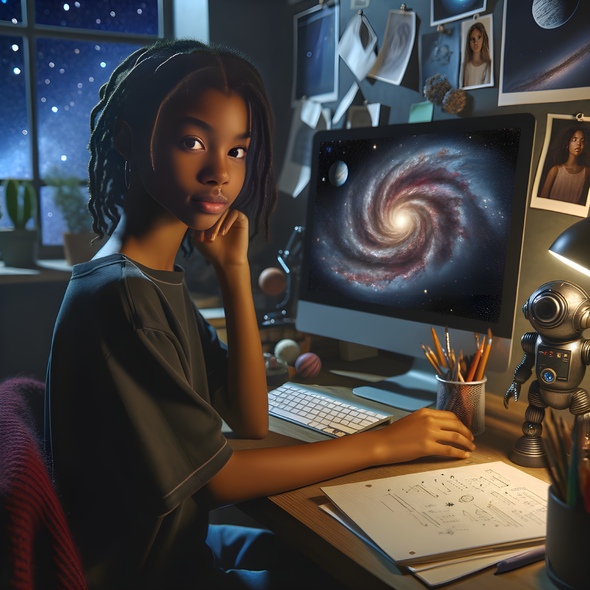 Young woman at desk with spiral galaxy on screen and creative items, robot model nearby.