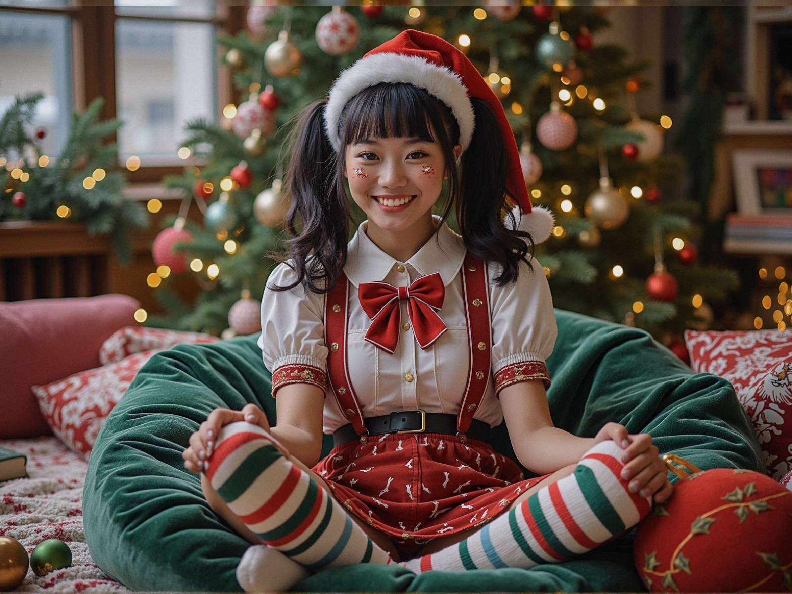 Cheerful Girl in Festive Outfit on Green Bean Bag