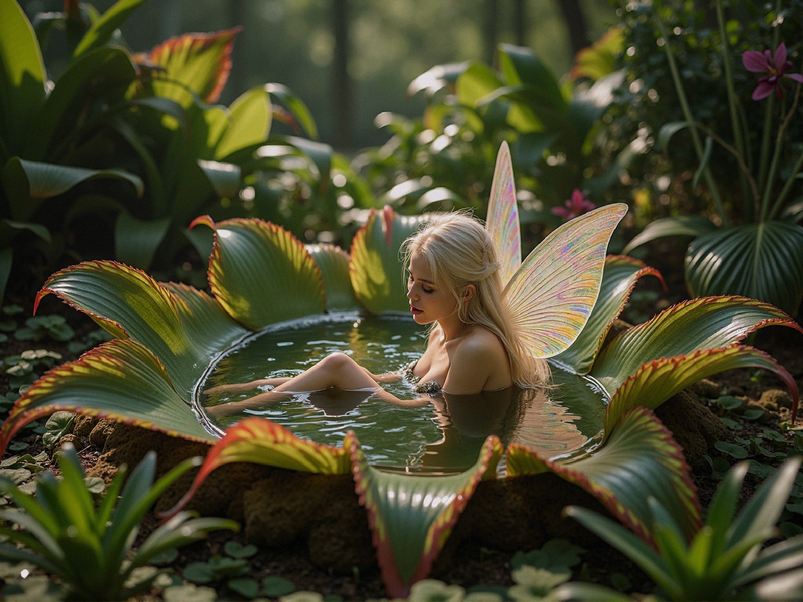Fairy with Iridescent Wings in Lush Water Lily Scene