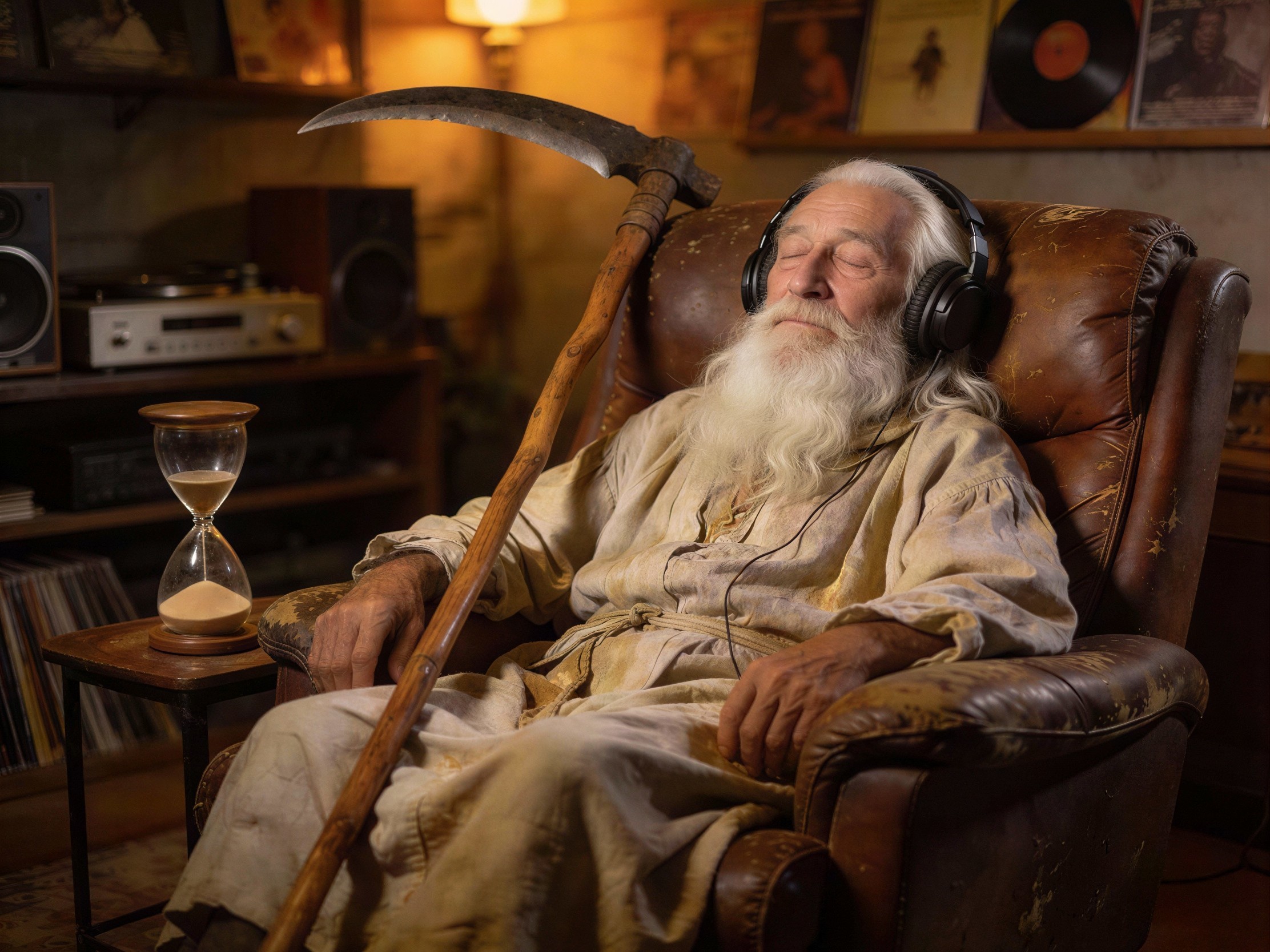 Old Man with Long White Beard in Leather Armchair