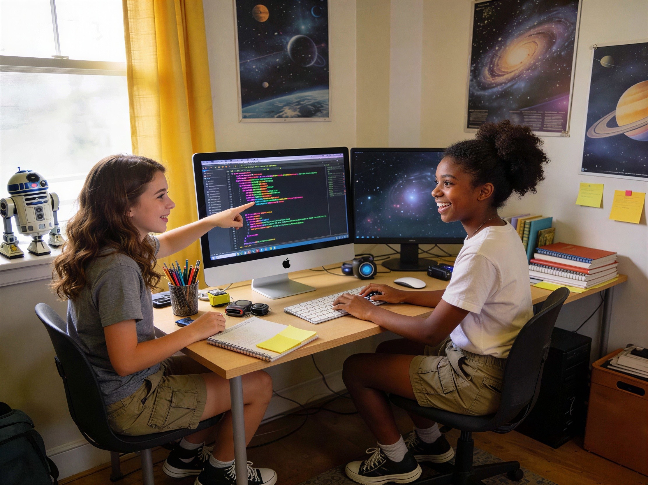 Young girls engaged in computer work at a desk