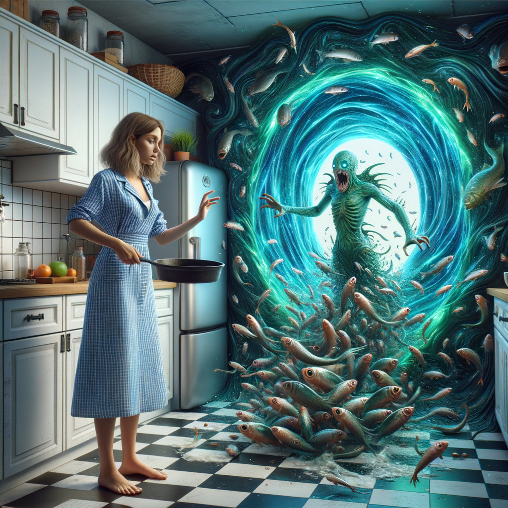 Surreal Kitchen Scene with Woman and Nightmarish Creature