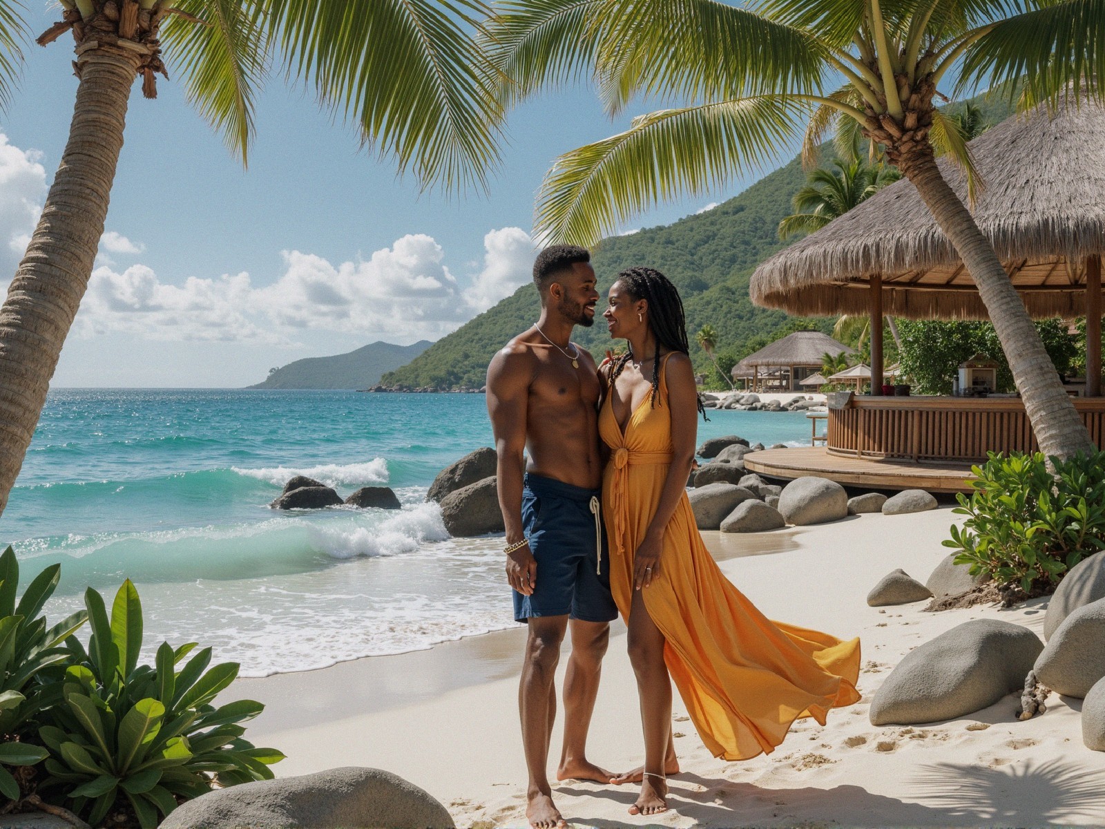 Romantic Beach Scene with Couple and Lush Palm Trees