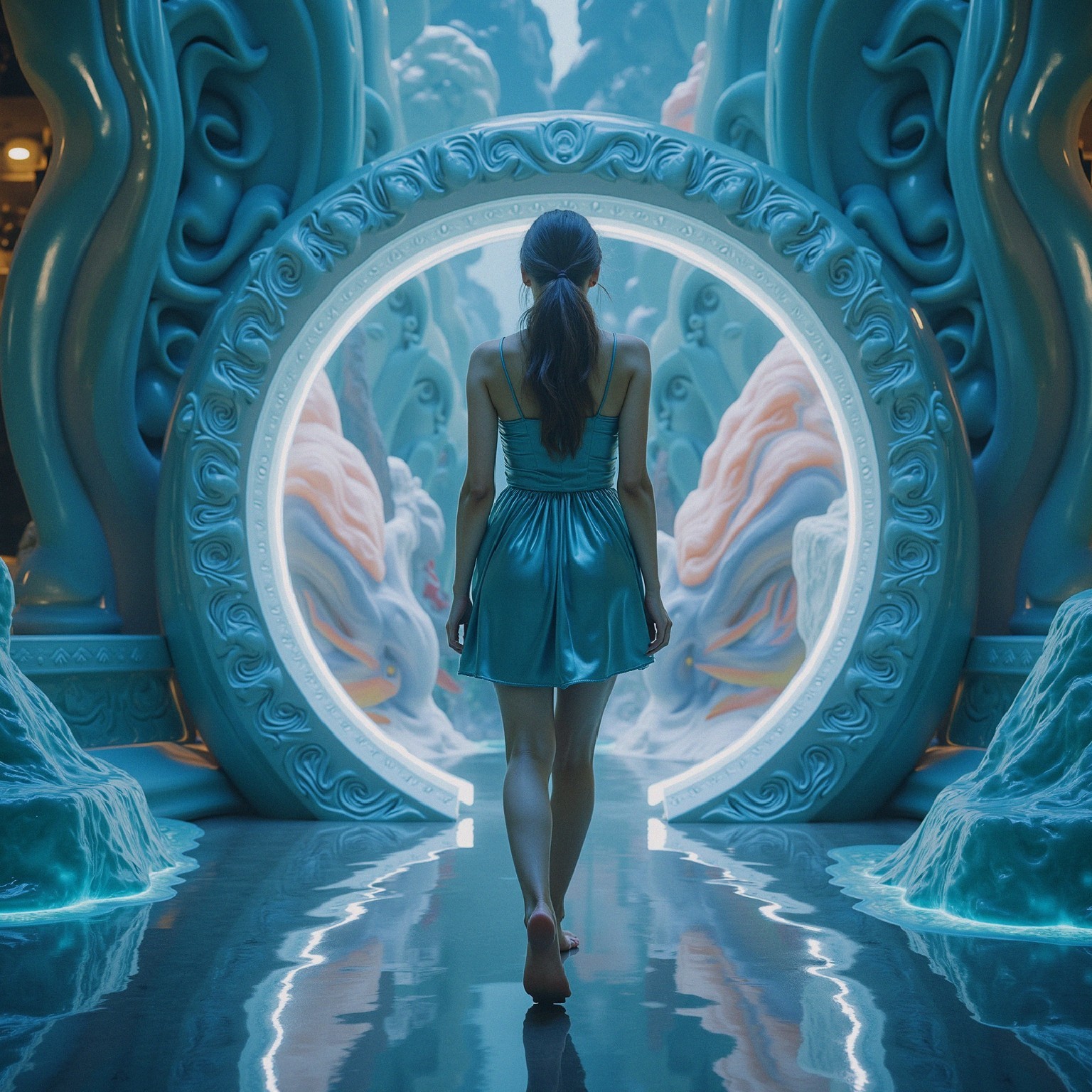 Young woman in blue dress walks through glowing archway