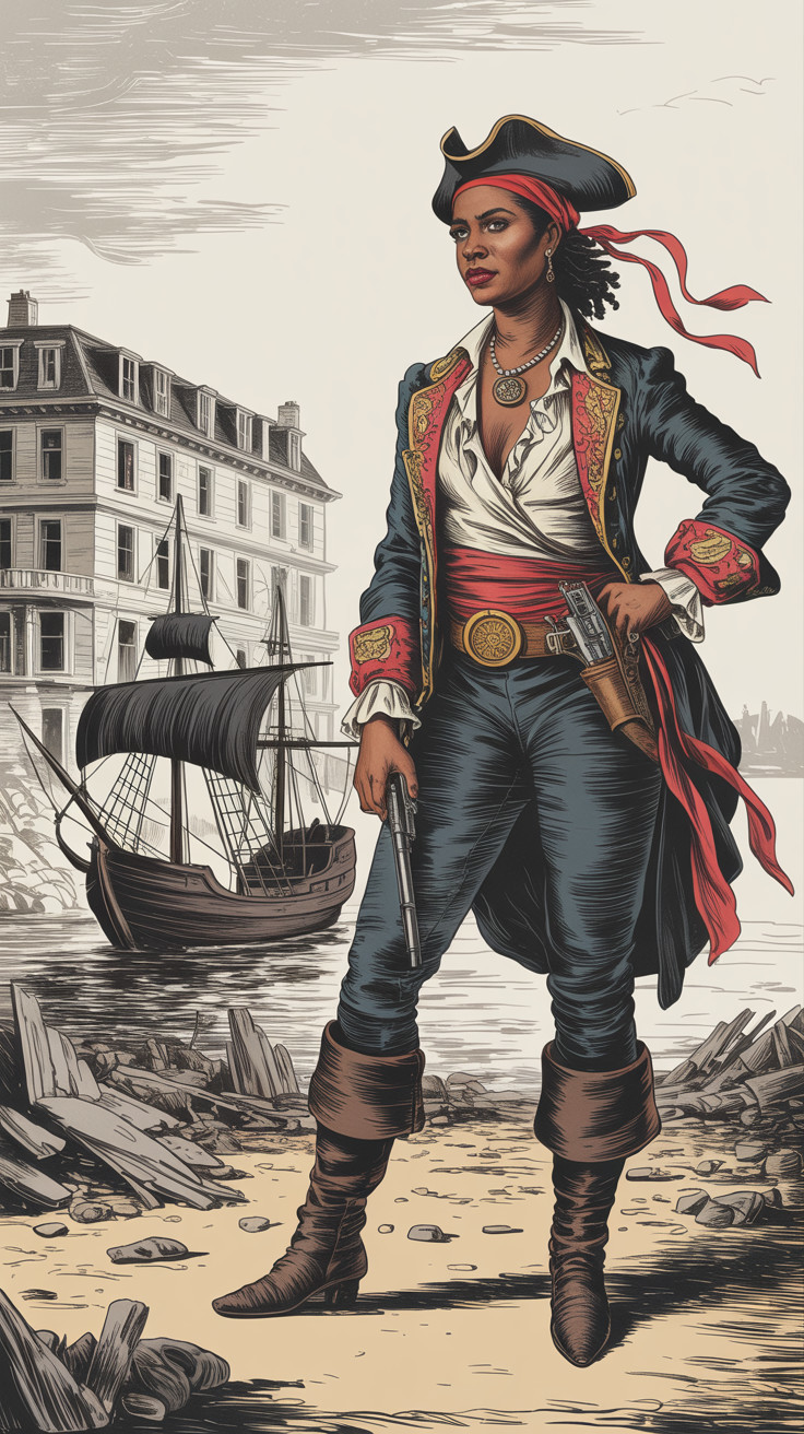 Confident Female Pirate on Rocky Shore with Ship