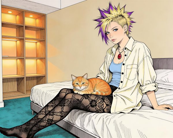 Woman with Spiked Hair and Cat on Bed Setting