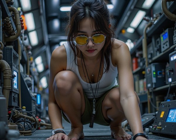 Young woman inspecting equipment in futuristic setting