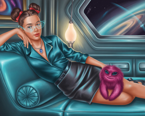 Stylish Woman on Futuristic Couch with Whimsical Creature