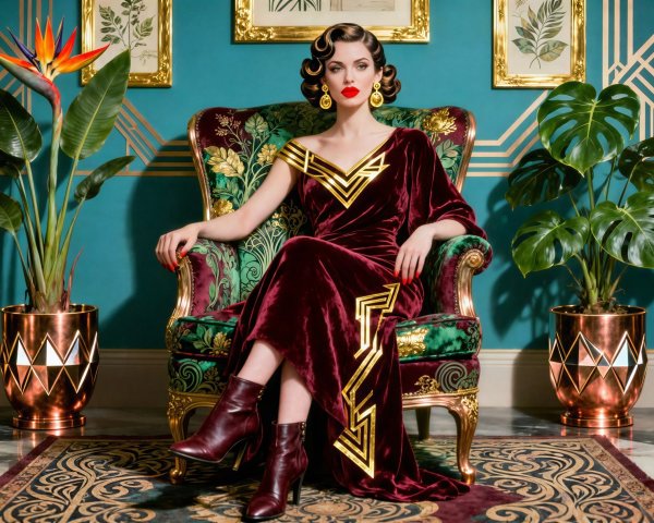 Vintage Velvet Gown with Art Deco Decor Elements