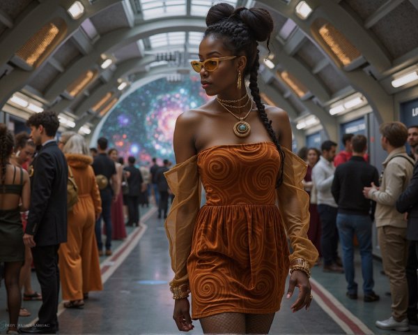 Stylish Woman in Orange Dress in Futuristic Corridor