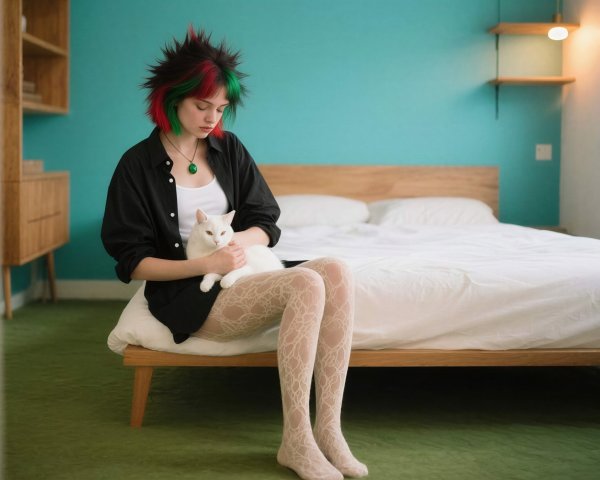 Edgy girl with colorful hair and white cat on bed