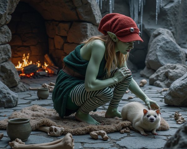 Elf in cave with creature by fire and rustic decor