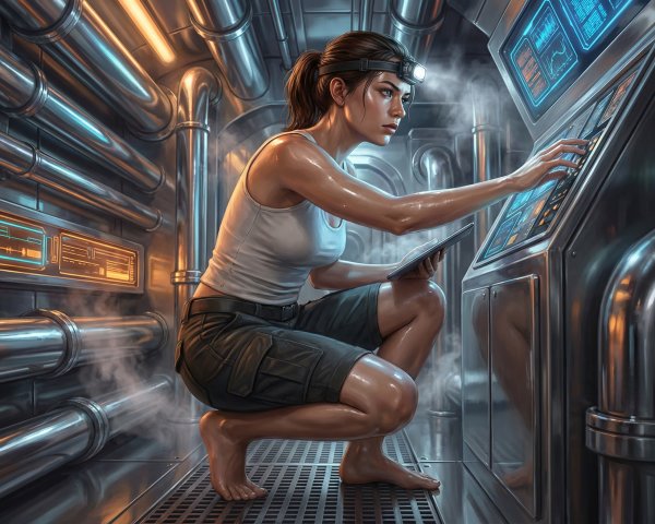 Woman in industrial setting using control panel and tablet