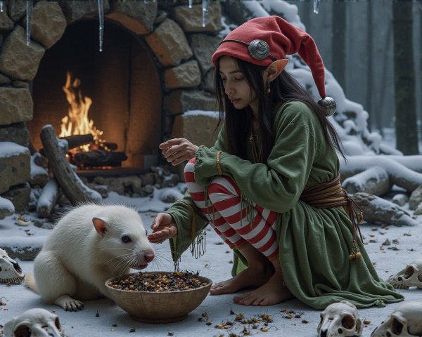Young girl in festive attire feeds creature in snowy forest