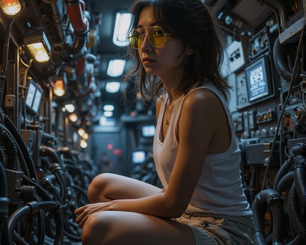 Young woman in industrial corridor with futuristic elements