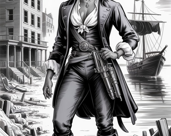 Confident pirate on shore with ship and town backdrop
