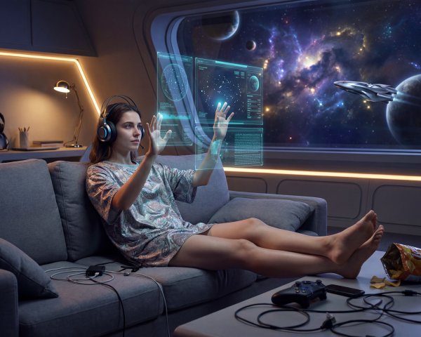 Cyberpunk Painting of Woman with Holographic Interface