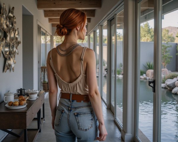 Woman with Red Hair by Serene Pond in Stylish Interior