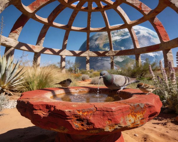 Gray Pigeon and Sparrows at Desert Bird Bath Scene