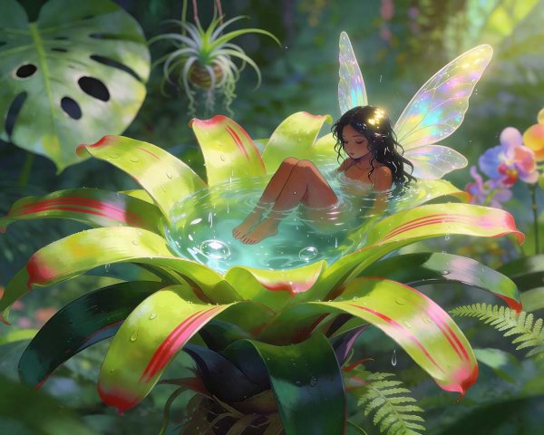 Dark-Skinned Fairy in Bromeliad Water Reservoir