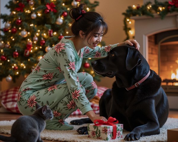 Cozy Christmas Room with Dog and Cat by Fireplace
