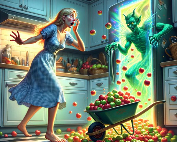 Whimsical Kitchen Scene with Green Spirit and Apples