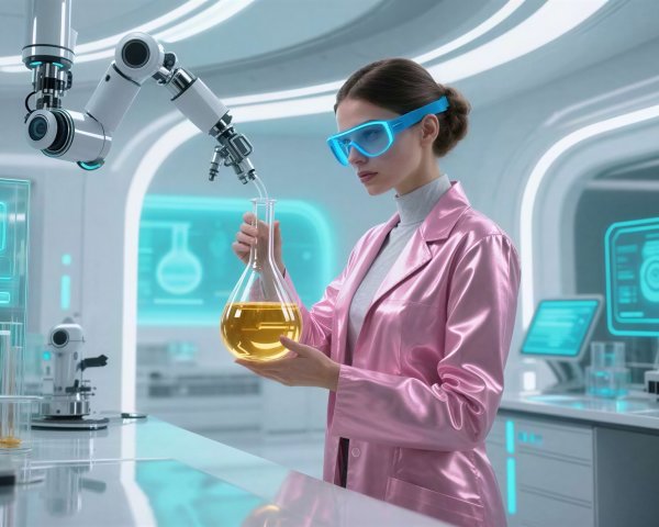 Female Scientist in Pink Lab Coat in Modern Lab