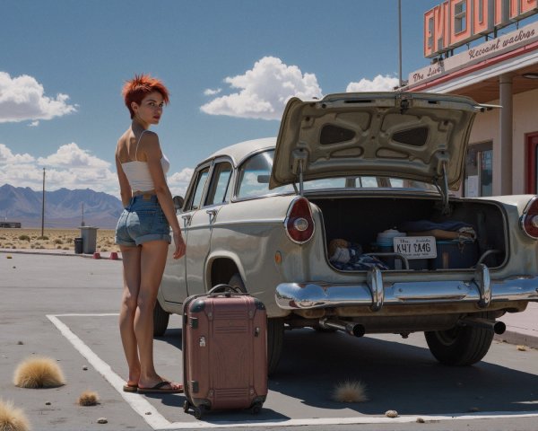 Young Woman by Old Car with Desert Diner Background