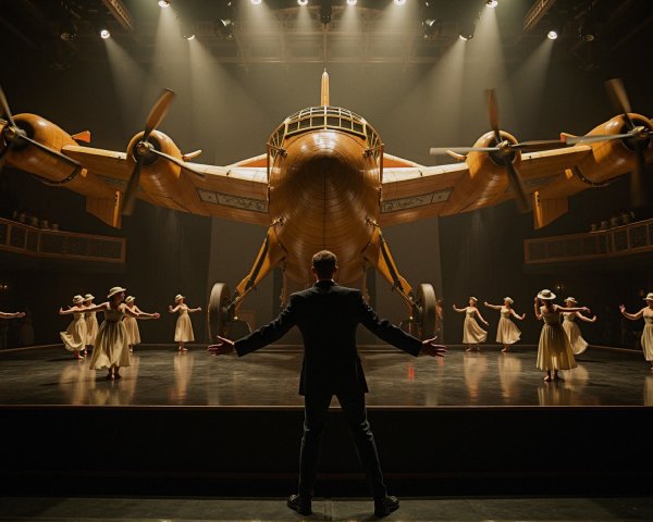 Dramatic Stage Scene with Vintage Airplane Backdrop