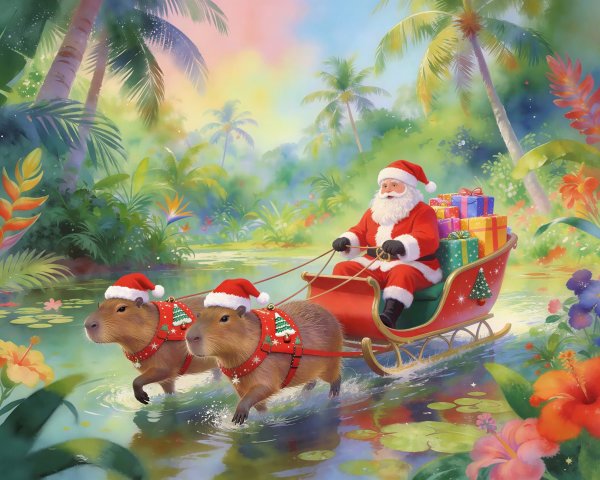 Santa Claus in a sleigh pulled by capybaras in nature