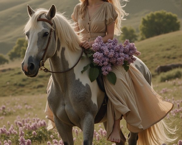 Young woman on horse in blooming lilac field