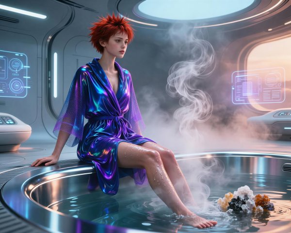 Anime Girl in Hot Tub with Futuristic Background