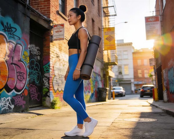 Woman in alley with yoga mat and colorful graffiti