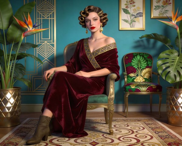 Woman in Velvet Dress Seated on Gold Framed Chair