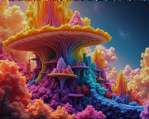 Surreal Landscape with Colorful Mushroom Structures