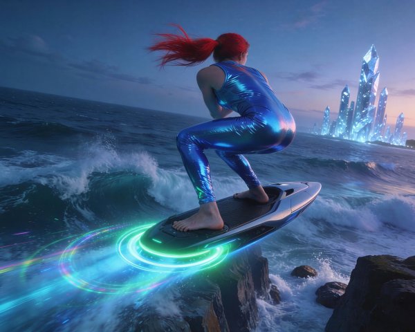 Young woman in futuristic wetsuit riding hoverboard at sea