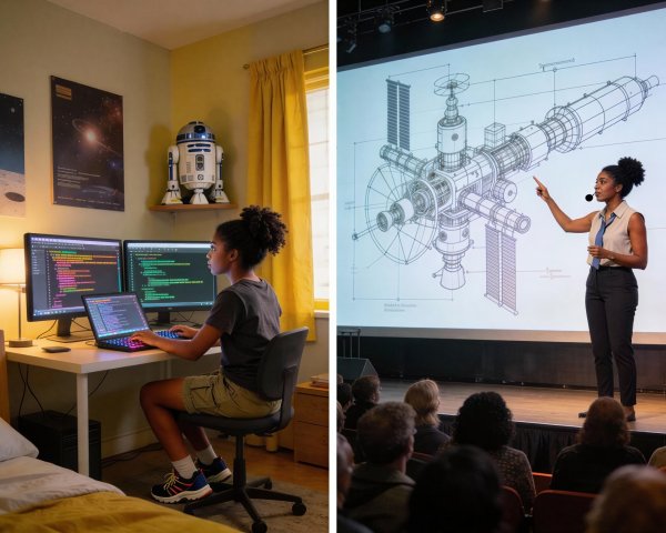 Young Girl Programming and Woman Presenting Space Modules