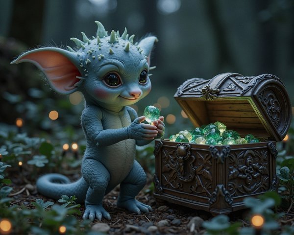 Mystical Forest Scene with Blue Creature and Gem