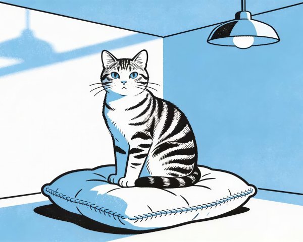 Tabby Cat with Stripes on Light Blue Pillow