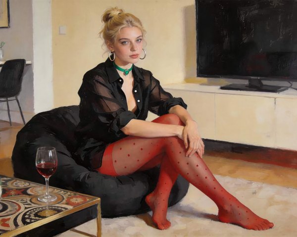 Blonde Woman in Sheer Black Shirt and Polka-Dotted Tights