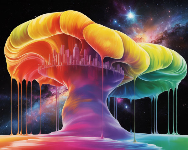 Vibrant Mushroom Cloud Over Futuristic Cityscape