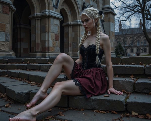 Woman in black corset and maroon skirt on stone steps