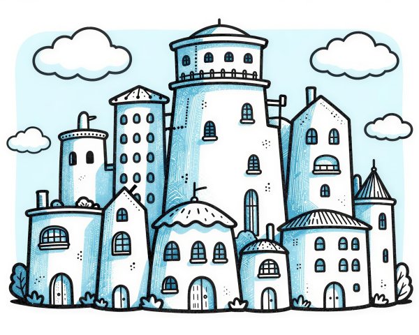 Whimsical Hand-Drawn Cityscape with Clouds and Sky