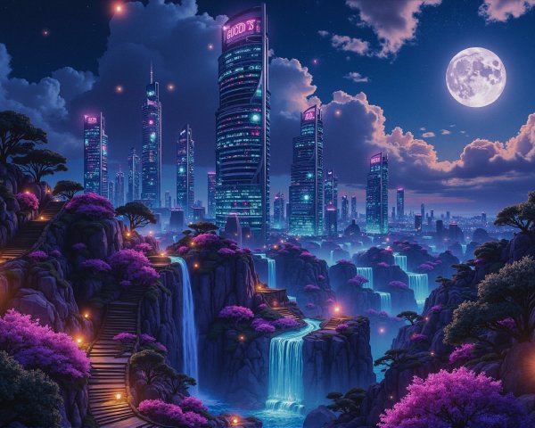Futuristic cityscape at night with neon lights and nature
