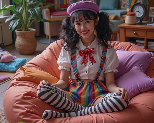 Cheerful Young Woman on Colorful Bean Bag in Whimsical Room