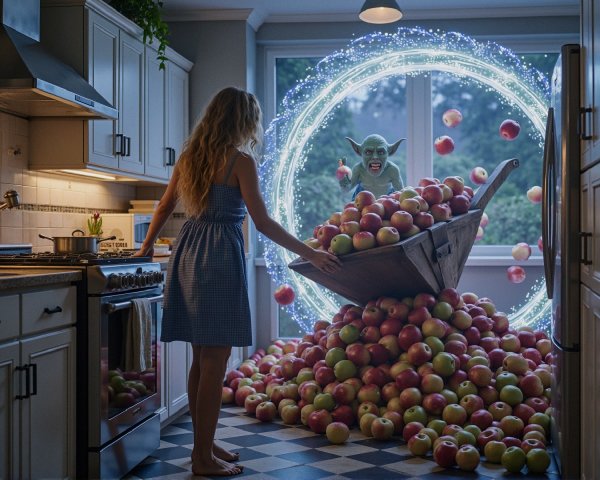Whimsical kitchen scene with apples and a playful creature